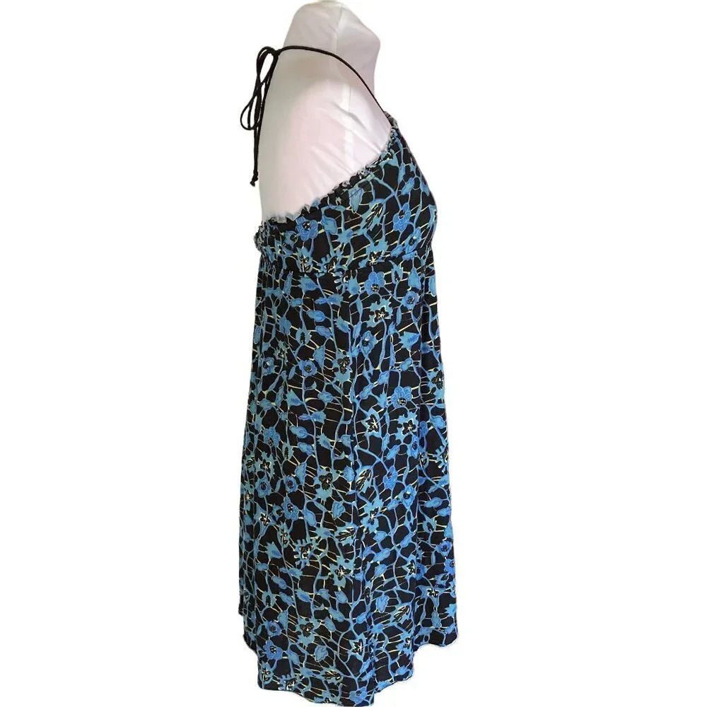 𝅺Free People Beaded Halter Dress, Black and Blue Floral‎ Pattern, Size Medium - Picture 5 of 10